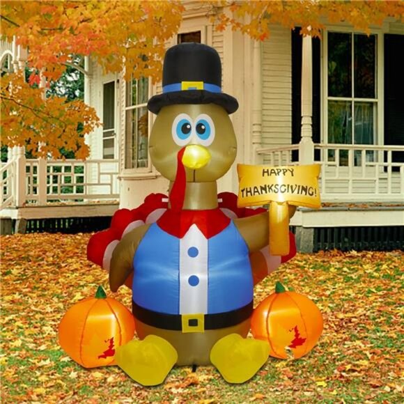 6FT Lighted Happy Thanksgiving Inflatables Turkey with Pilgrim Hat - Picture 1 of 7